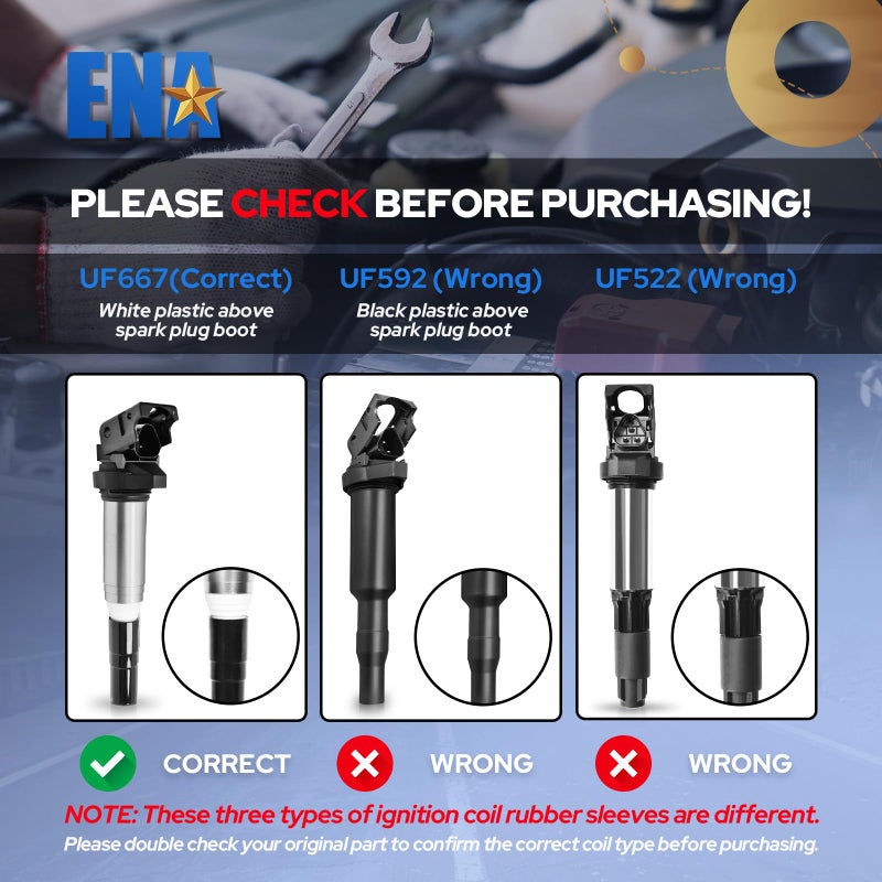 ENA Set of 6 Ignition Coil Pack Compatible with BMW 128i 135i 323i 325i 330i 335i 525i 528i 550i 650i M5 M6 X3 X5 X6 Z4 Z8 2.5L 3.0L 4.4L 6.0L Replacement for 12137550012 UF667 - Image 2
